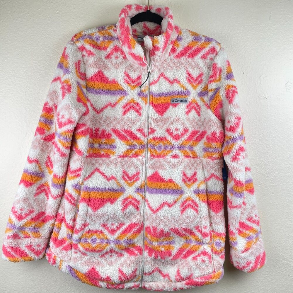 Columbia Jacket Womens M Pink Aztec Sherpa Fleece Full Zip Pattern Cozy 2131331